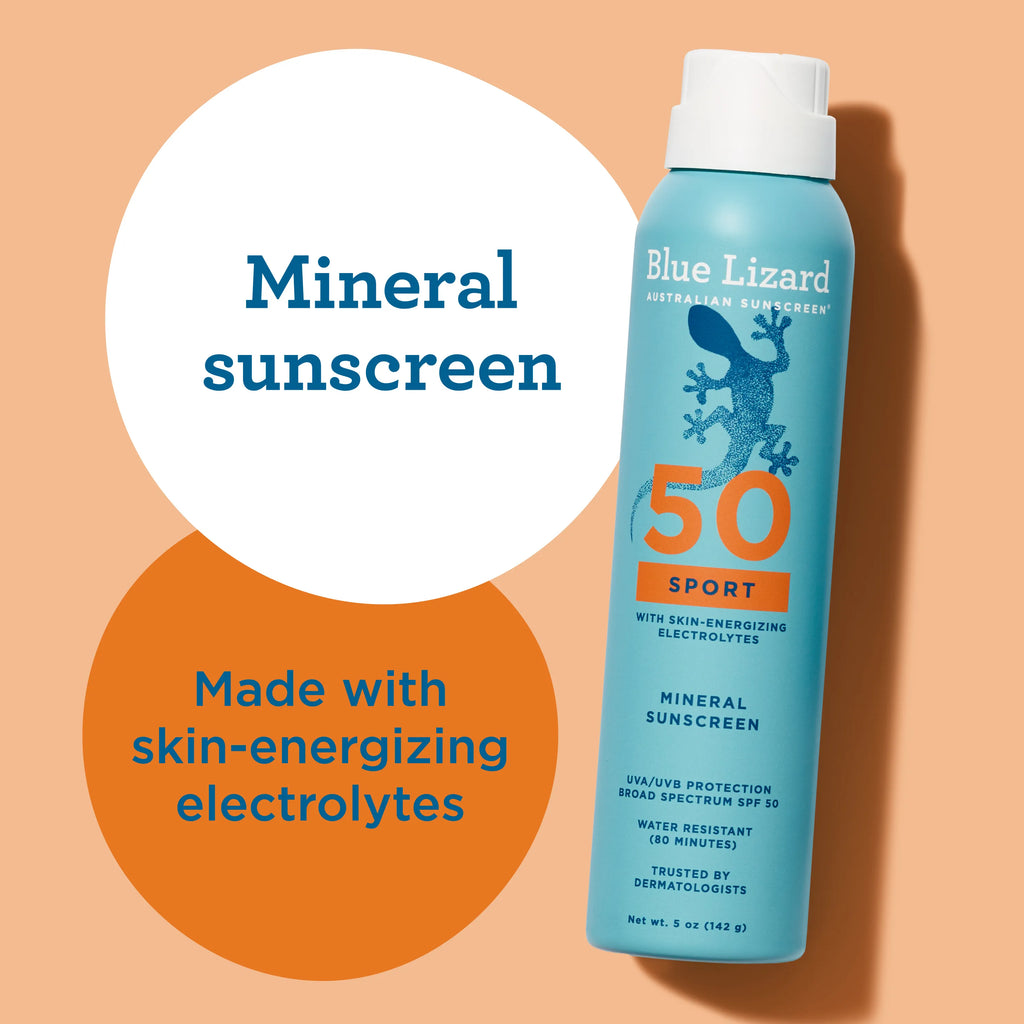 Blue Lizard Sport SPF 50 mineral sunscreen spray bottle with benefits listed on a peach background